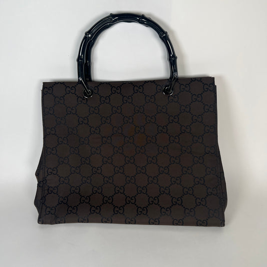 Gucci Vintage Bamboo Handle Brown GG Monogram Nylon Tote