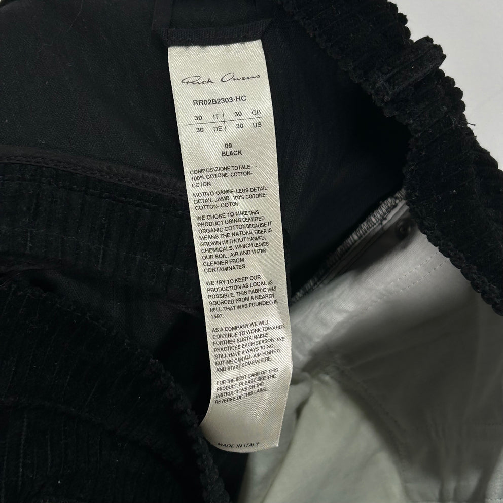 Rick Owens Bolan Banana Black Corduroy Wide-Leg Pants Size 30