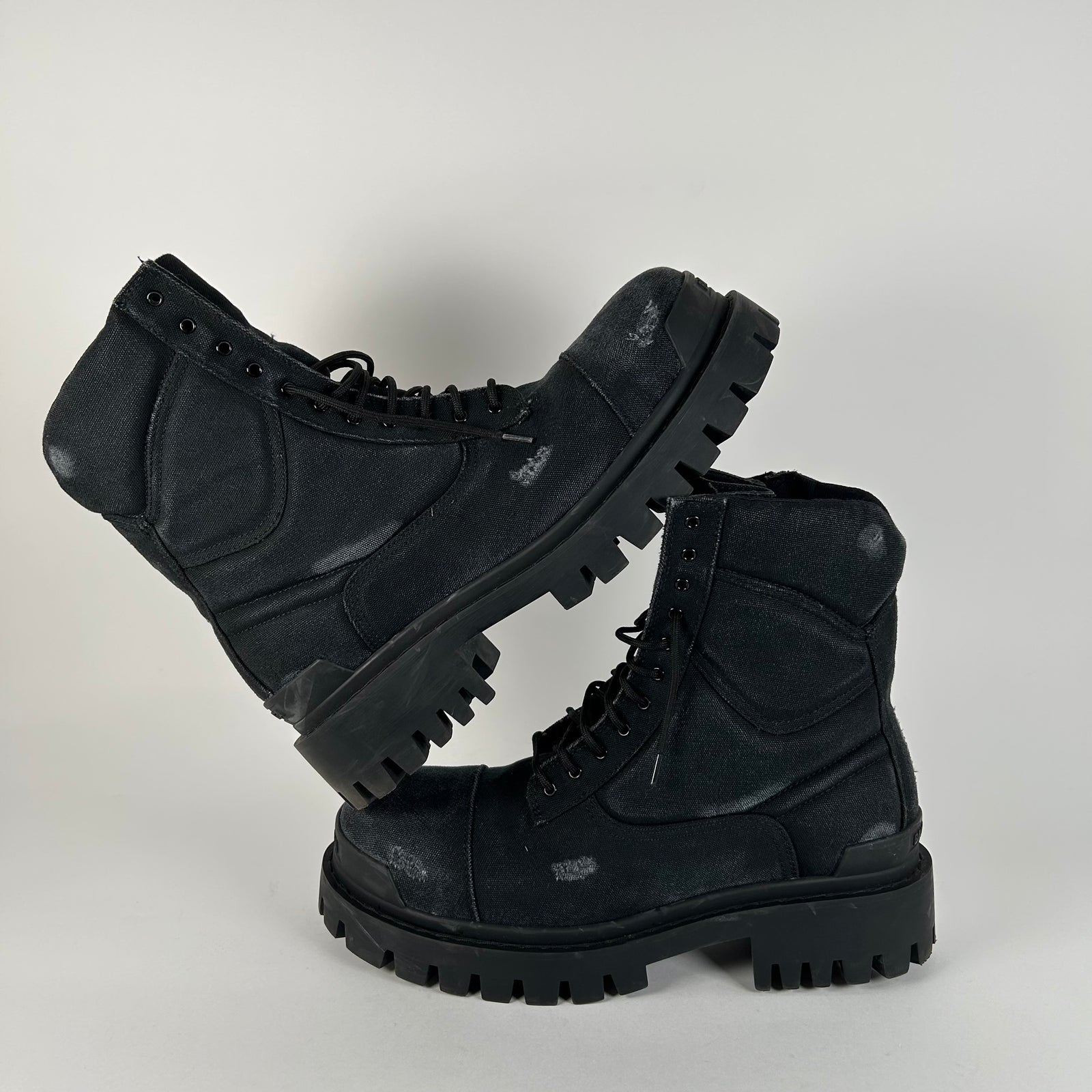 Balenciaga Black Distressed Canvas Strike Boots Size 45