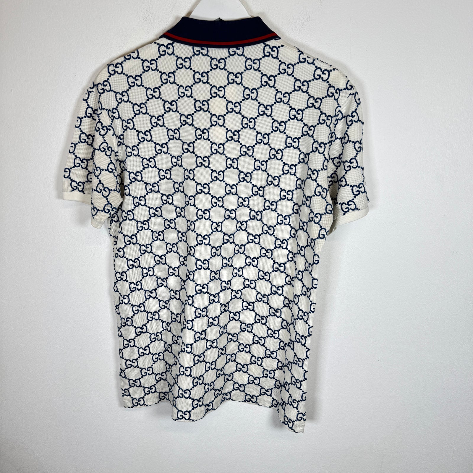 Gucci Cream/Blue Embroidered GG Stretch Cotton Polo Size M