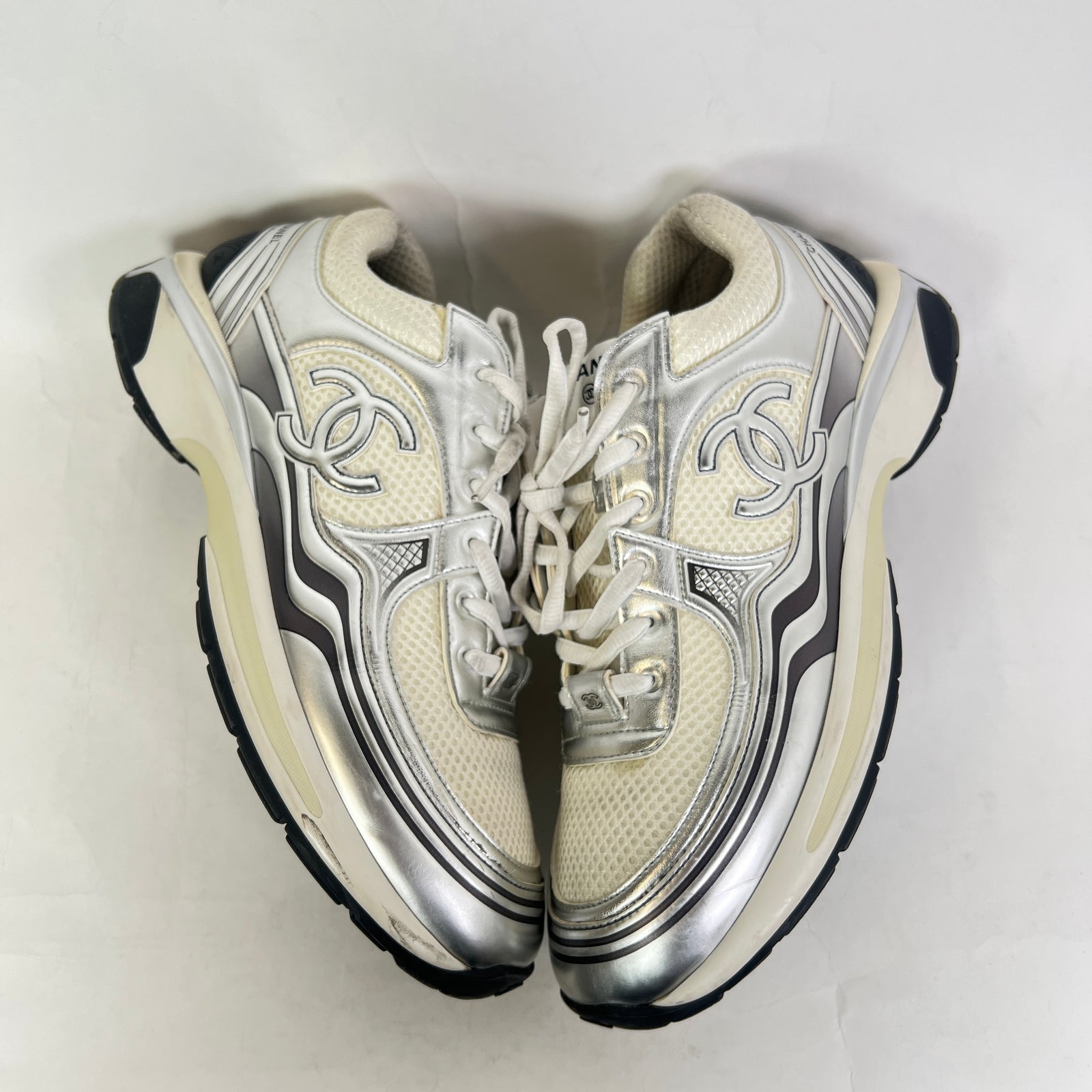 Chanel Metallic Silver Interlocking CC Runner Size 44