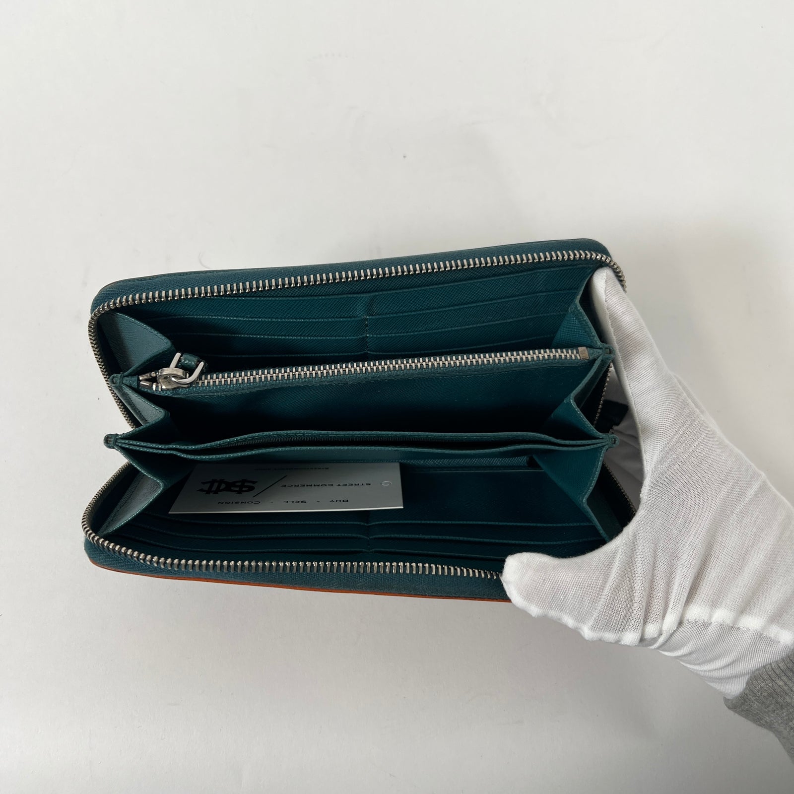 Prada Orange/Teal Leather Zip Around Wallet