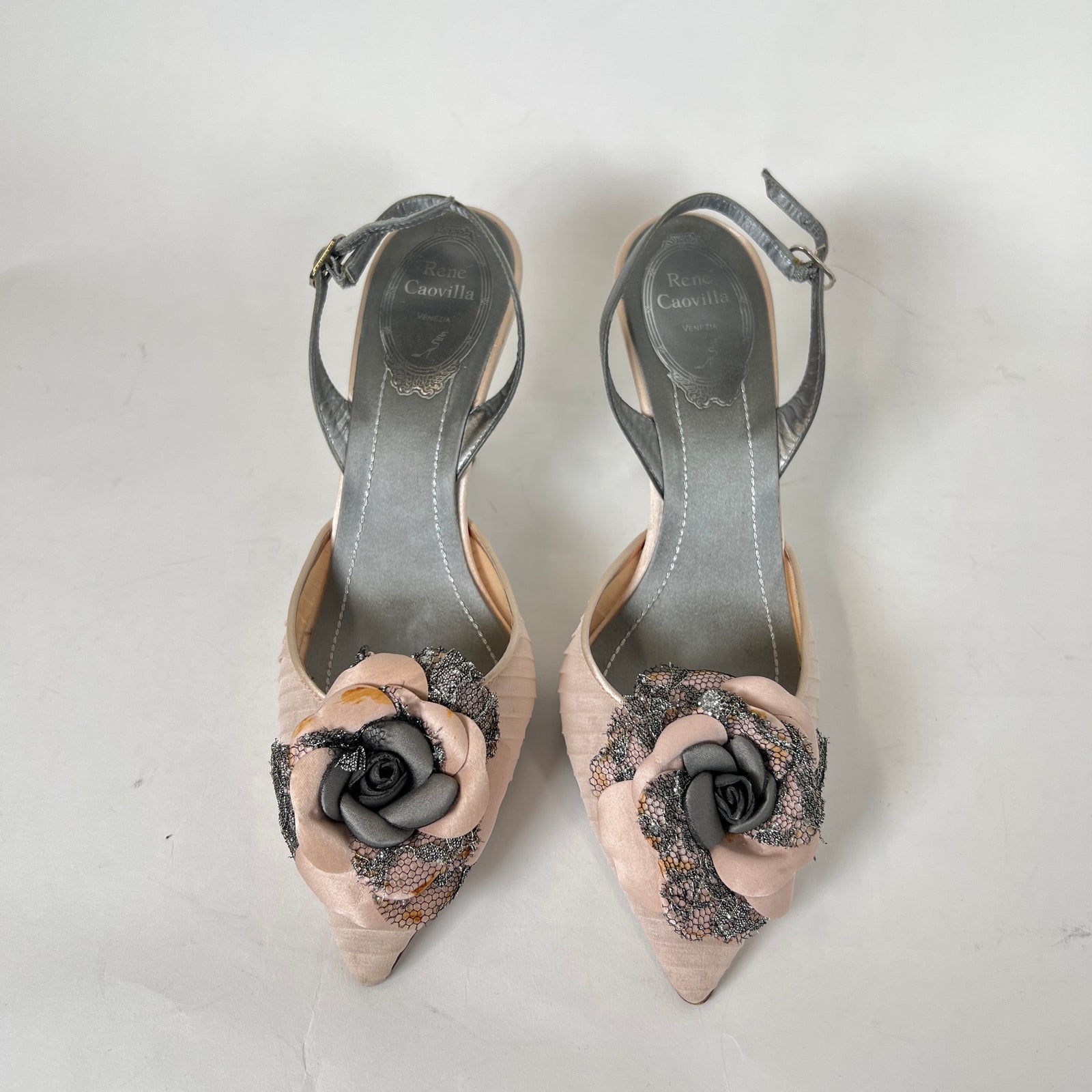 Rene Caovilla Floral Silver Heels Size 36.5
