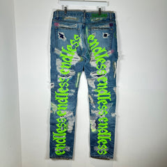Endless Neon Green Embroidered Blue Denim Jeans Size 36
