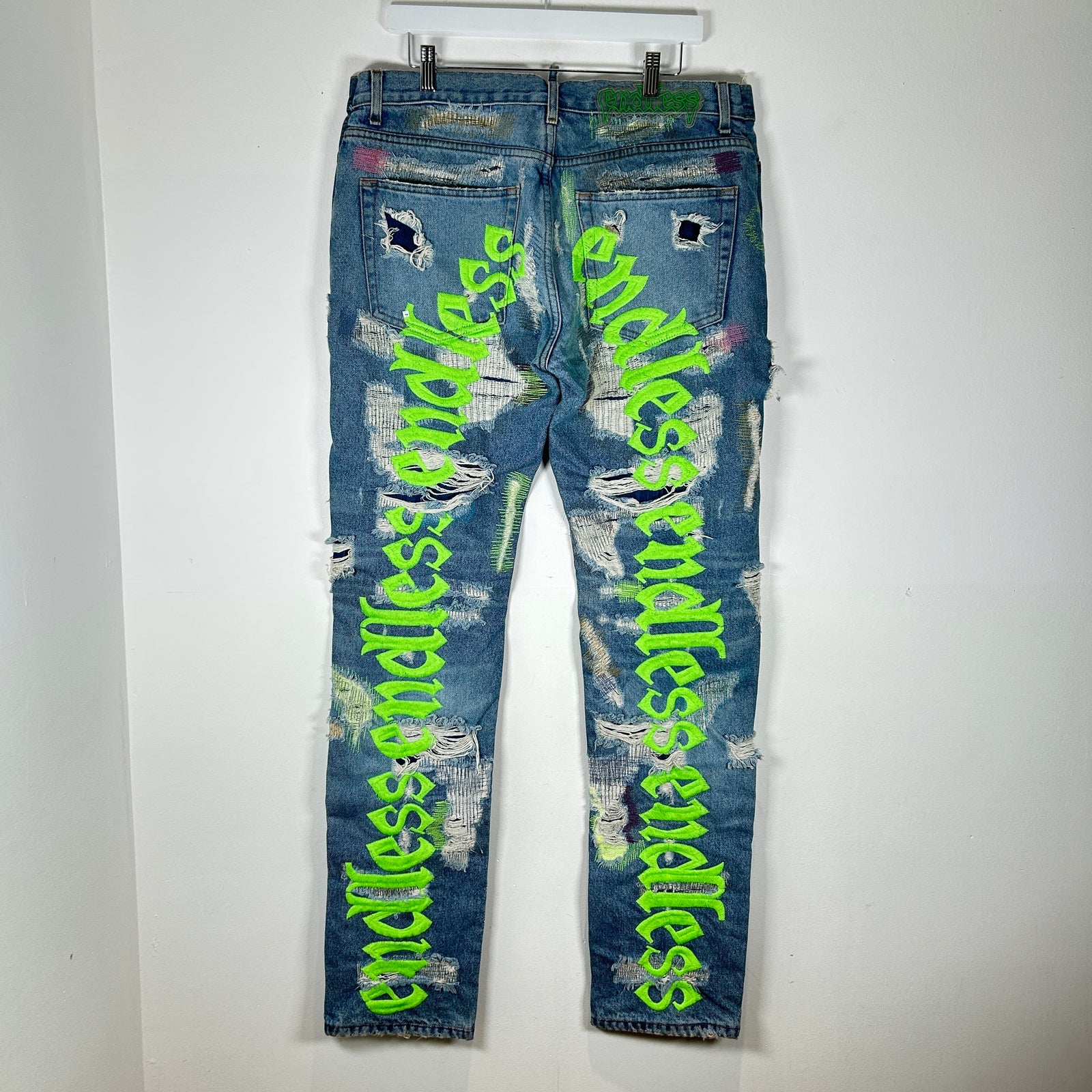 Endless Neon Green Embroidered Blue Denim Jeans Size 36