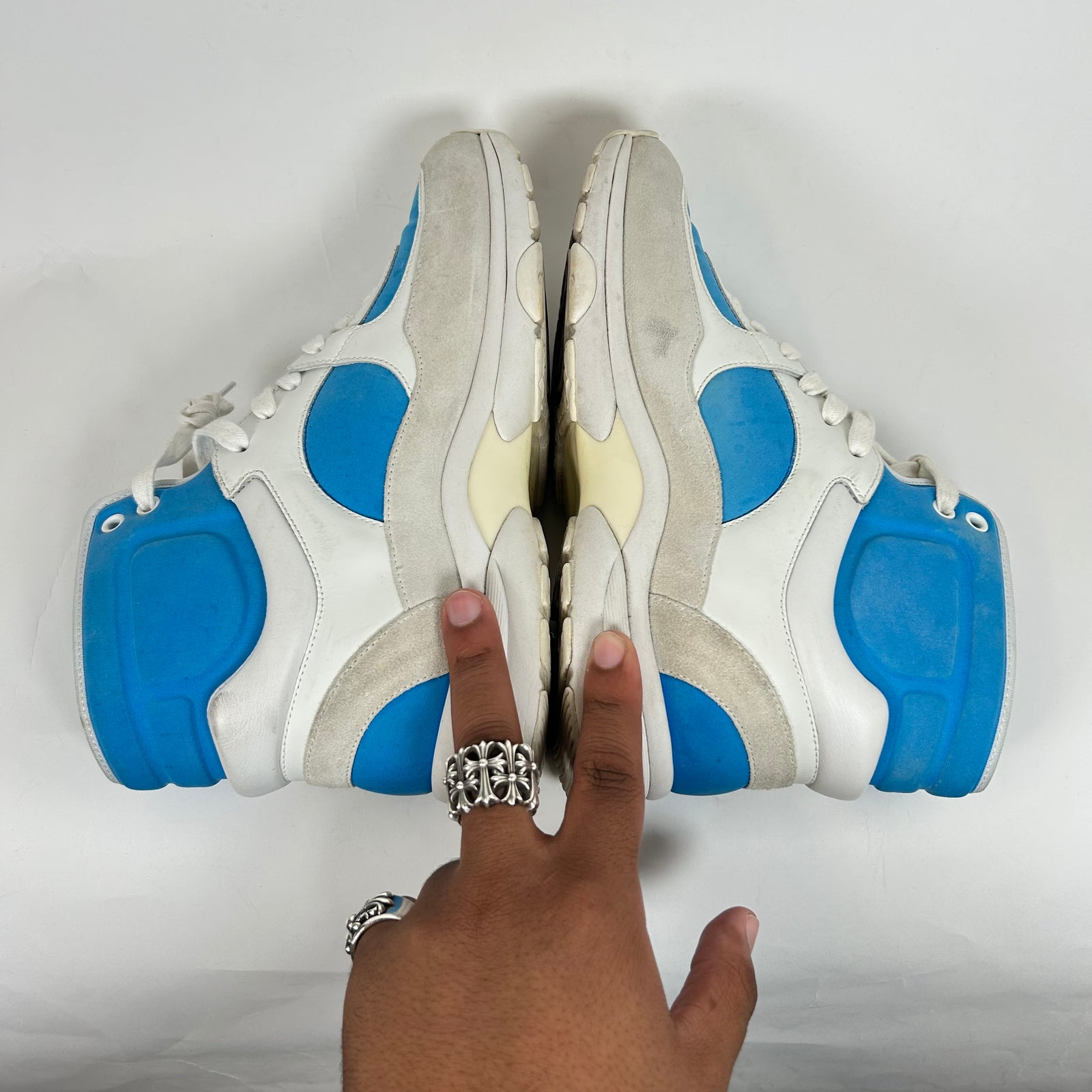 Chanel White/Blue Interlocking CC High-Top Sneaker Size 38.5