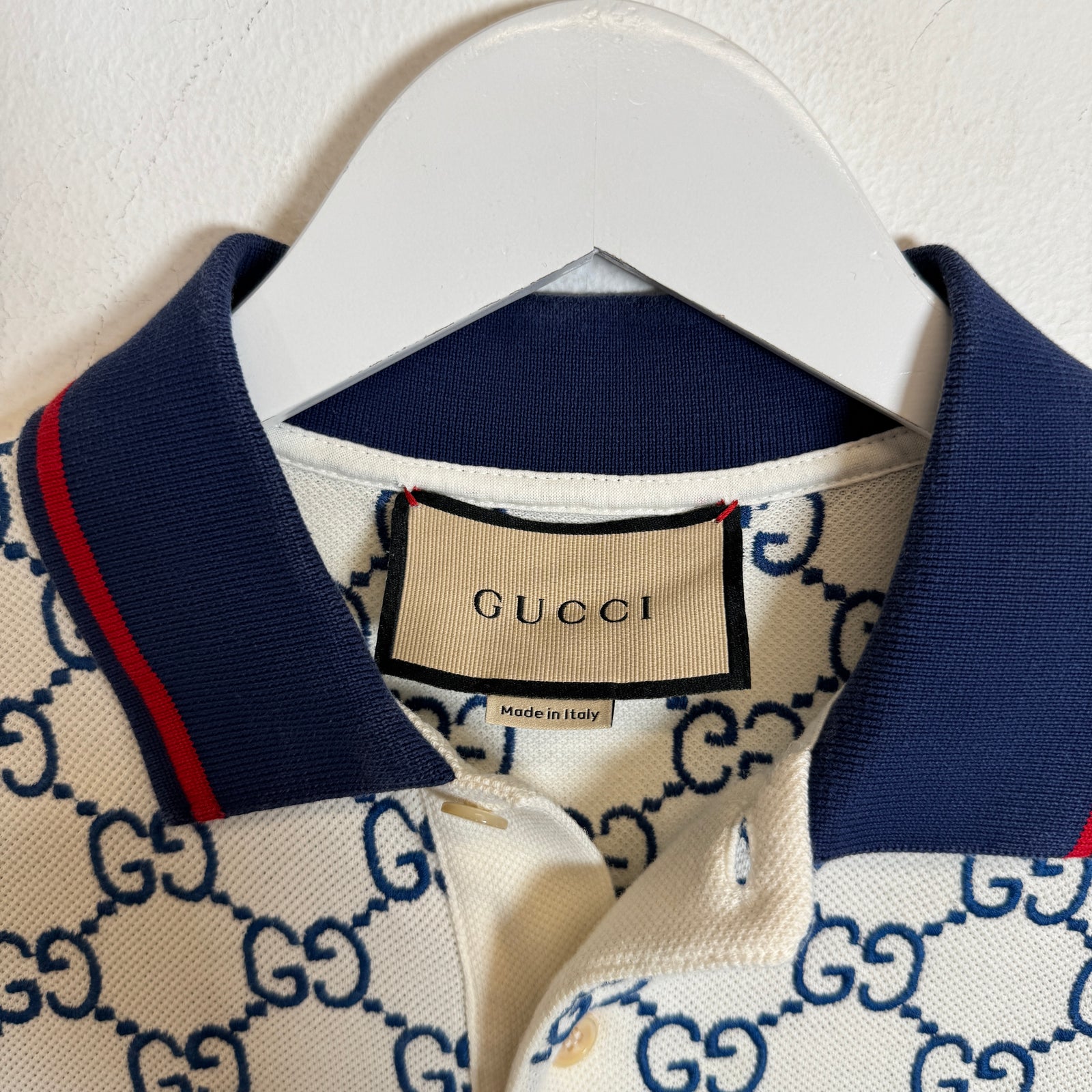 Gucci Cream/Blue Embroidered GG Stretch Cotton Polo Size M