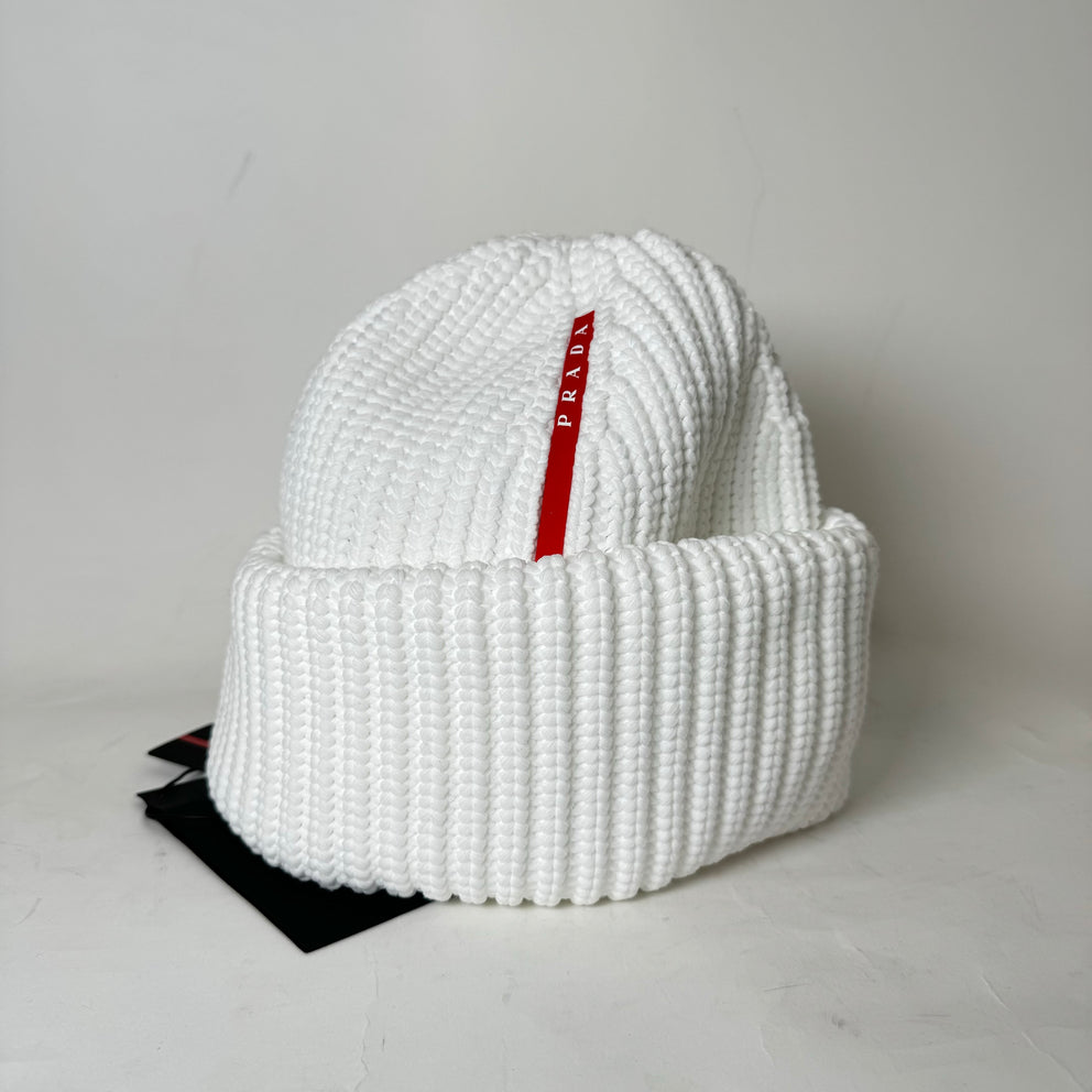 Prada White Wool Knitted Beanie Size XL
