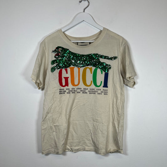 Gucci Cream Sequin Embellished Logo Tee Size L