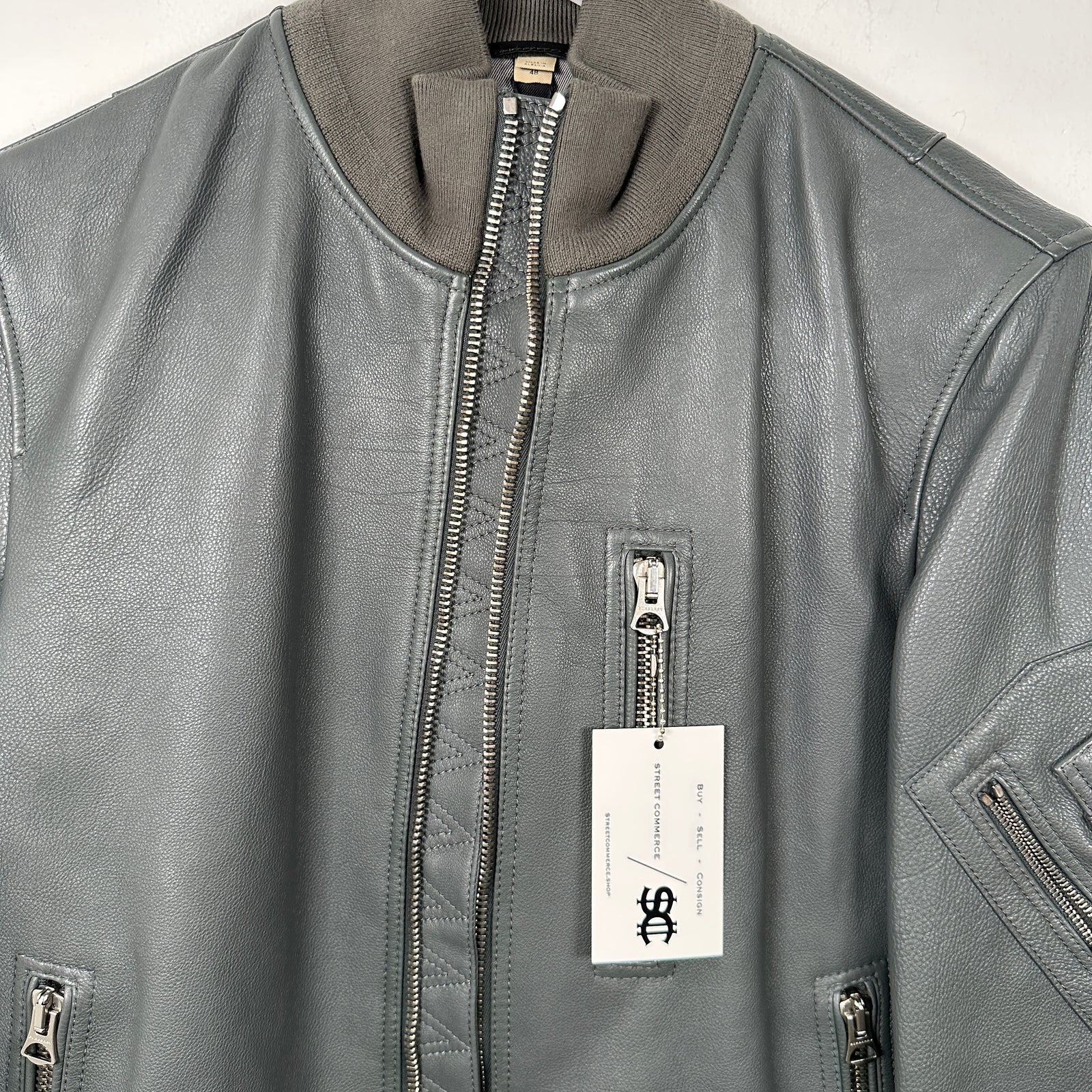 Burberry Dark Steel Leather Bomber Jacket Size 48