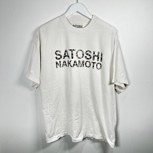 Satoshi Nakamoto White Studded Logo Graphic T-Shirt Size L