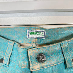 Guess USA Teal Cracked Leather Shorts Size 32
