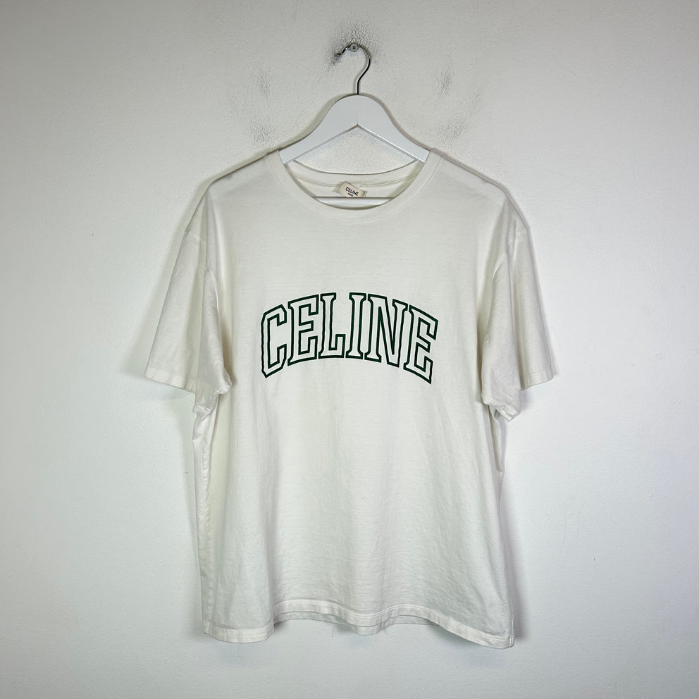 Celine White/Green College Logo T-Shirt Size L