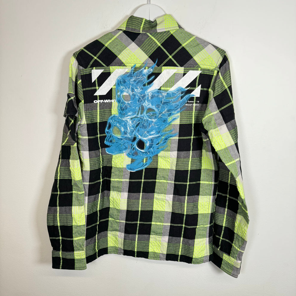 Off-White Green Skull Flame Flannel Shirt Size XS