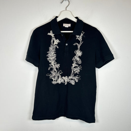 Alexander McQueen Black Embroidered Floral Polo Shirt Size S