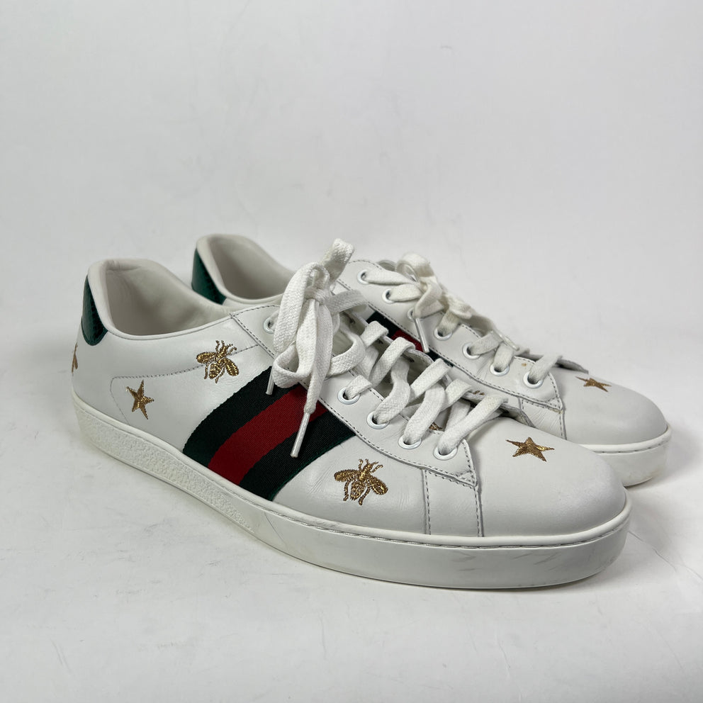 Gucci White Bees & Stars Embroidered Ace Sneaker Size GG 9.5