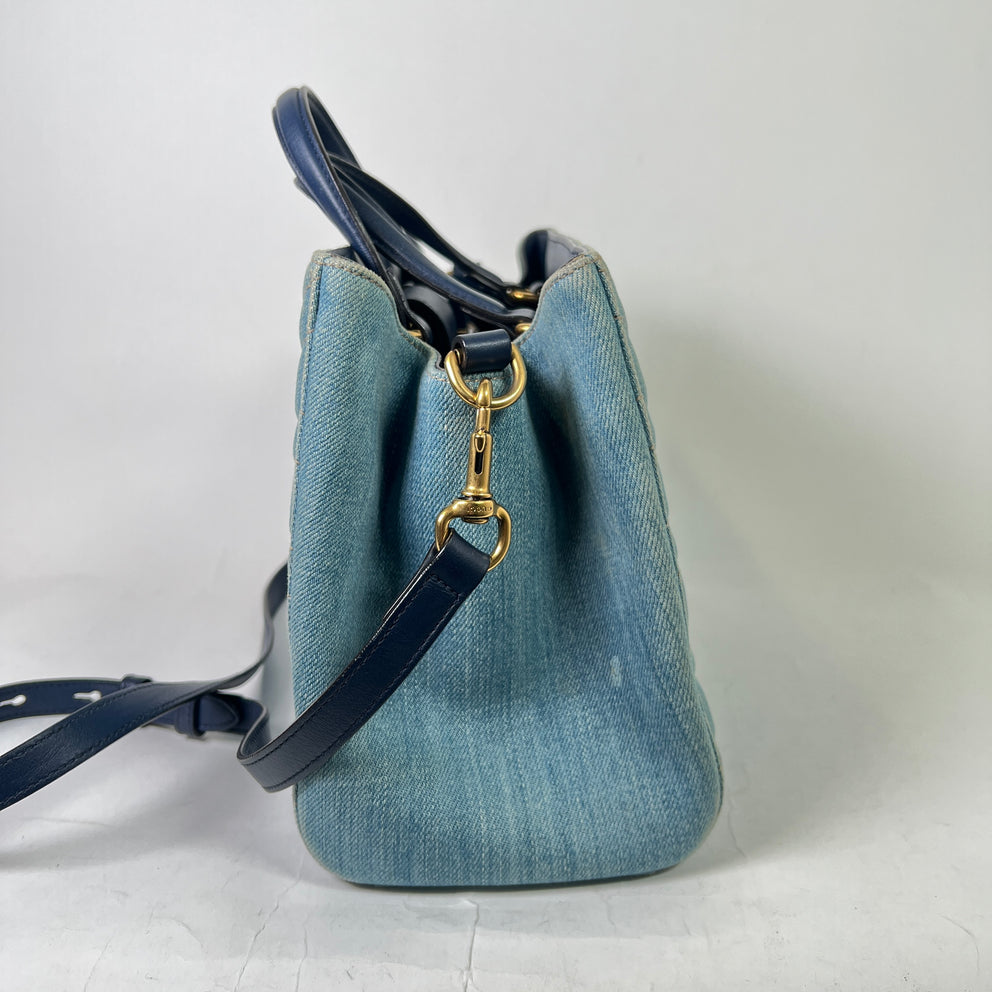 Gucci Washed Denim Pearl GG Marmont Tote Bag