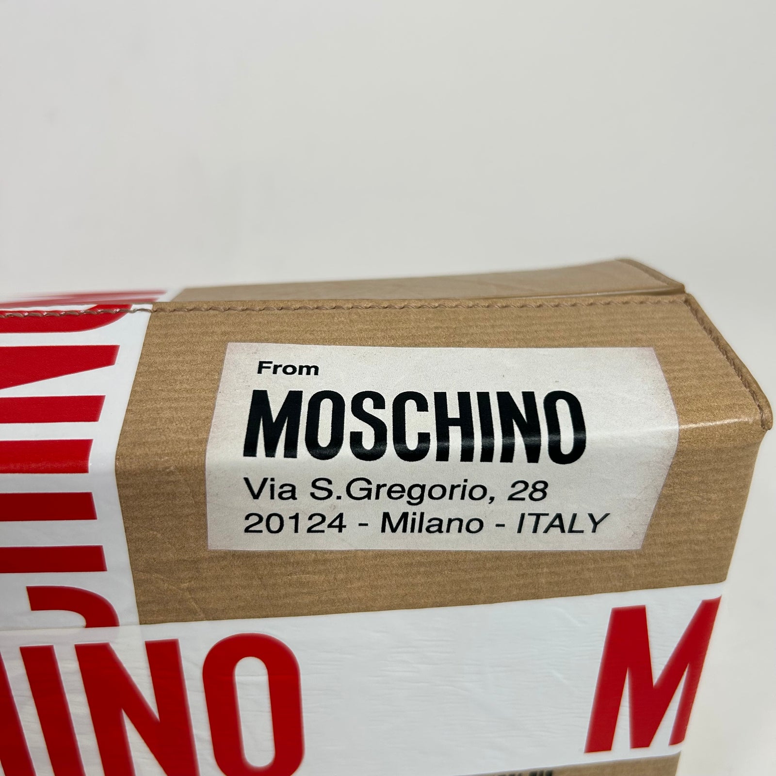 Moschino SS26 Shipping Box Clutch Bag