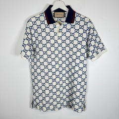 Gucci Cream/Blue Embroidered GG Polo Size XS