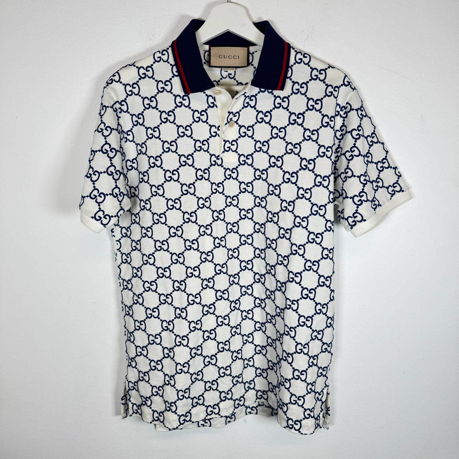 Gucci Cream/Blue Embroidered GG Polo Size XS
