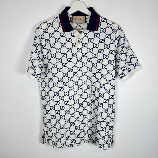 Gucci Cream/Blue Embroidered GG Polo Size XS