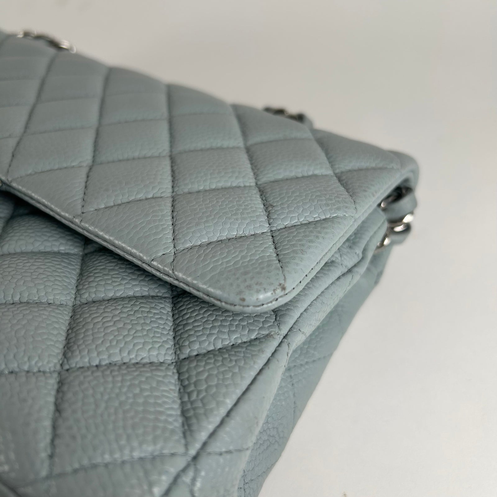 Chanel Light Baby Blue Quilted Caviar Medium Double Flap