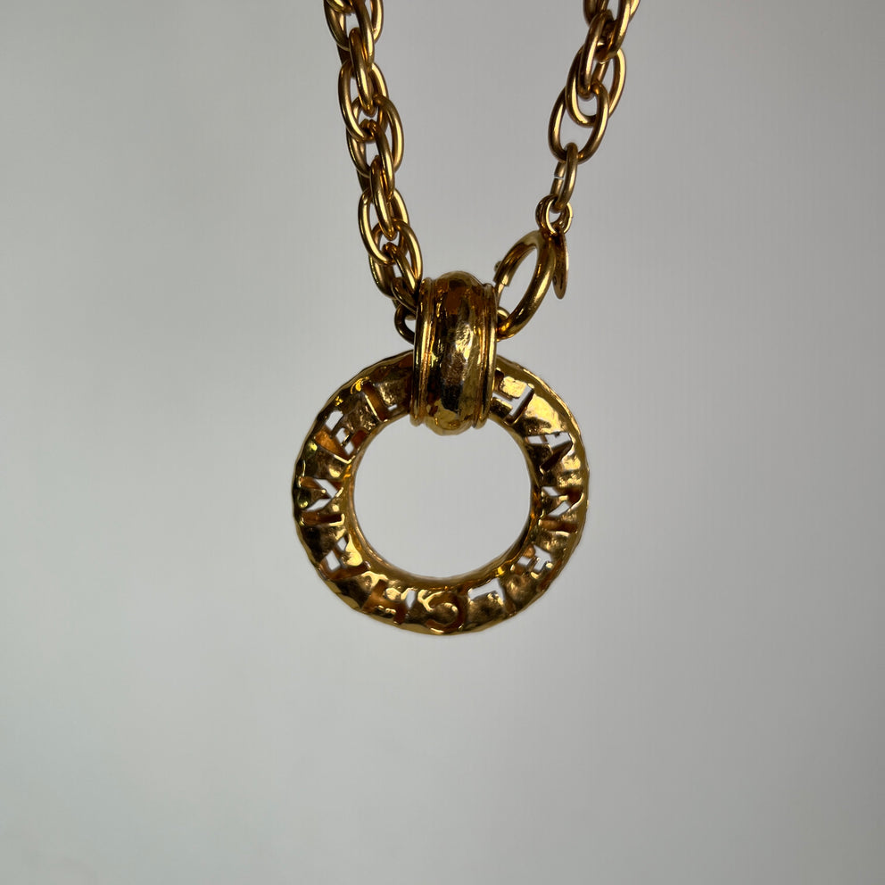 Chanel Vintage Gold Plated Cutout Logo Medallion Pendent Necklace