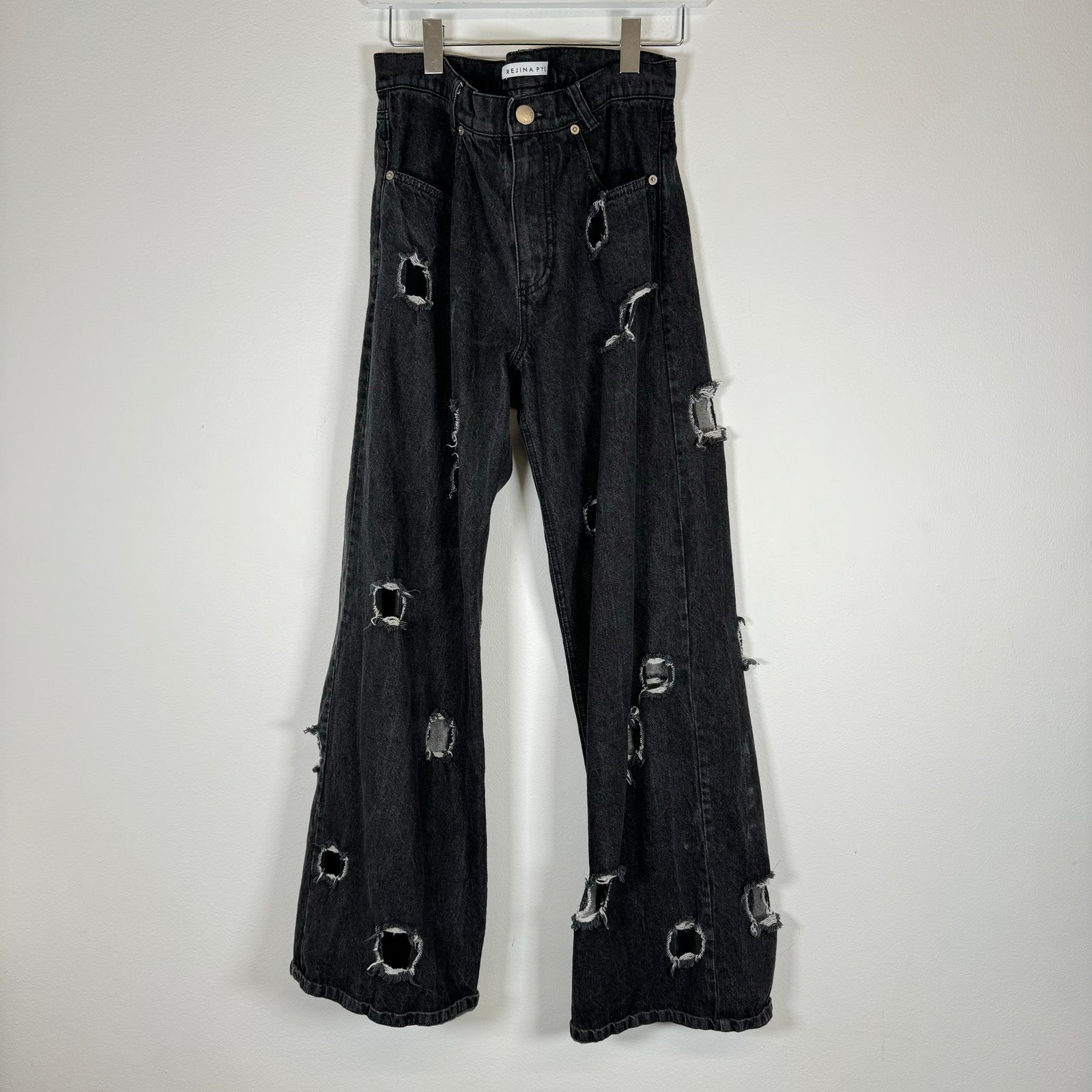 Rejina Pyo Black Distressed Wide Leg Jeans Size 28