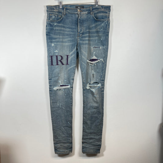 Amiri Lightwash Purple Serif Thigh Logo Jeans Size 38
