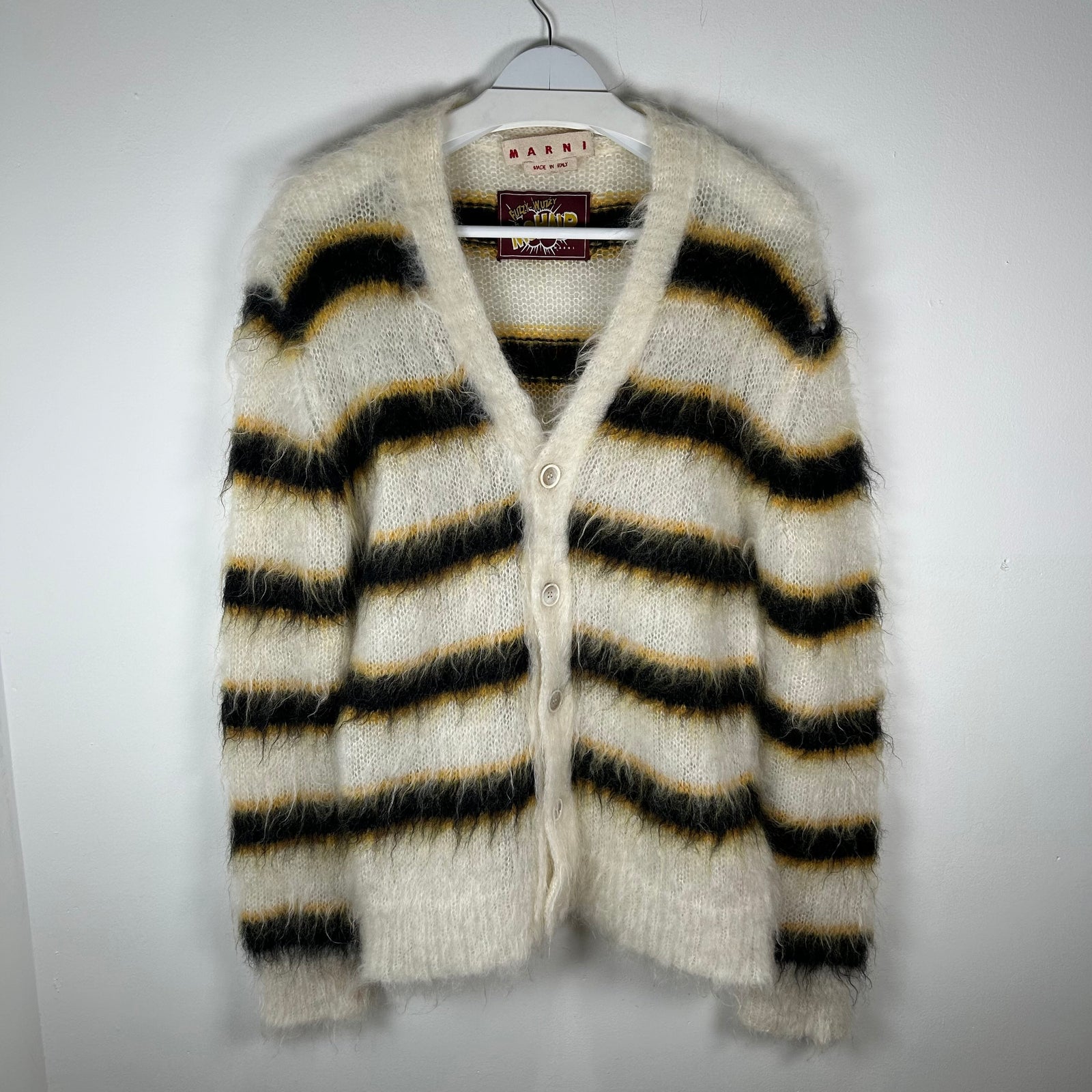 Marni White Striped Mohair Button-Up Cardigan Sweater Size L