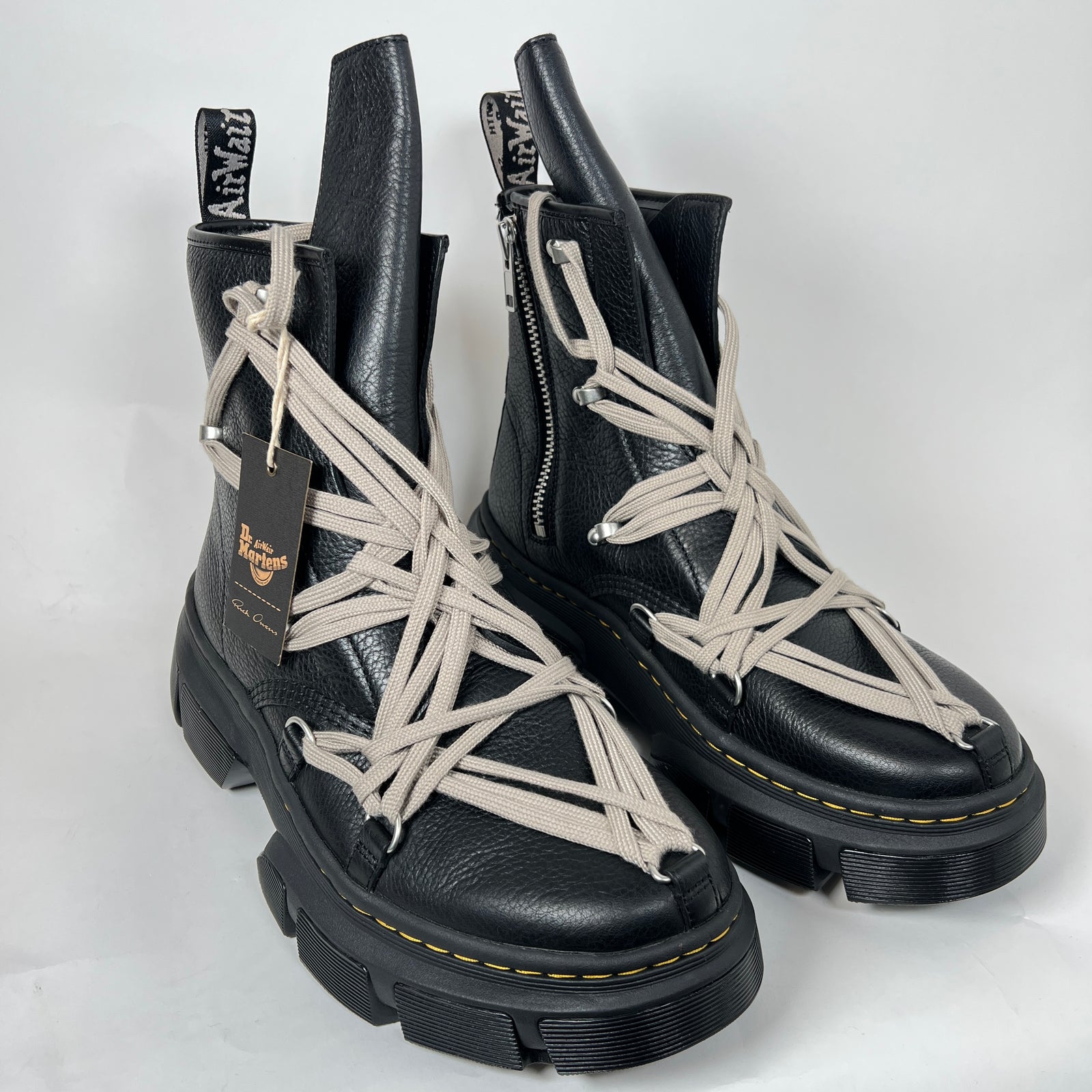 Rick Owens x Doc Marten's Black Megalace Pebbled Leather Boots Size 12
