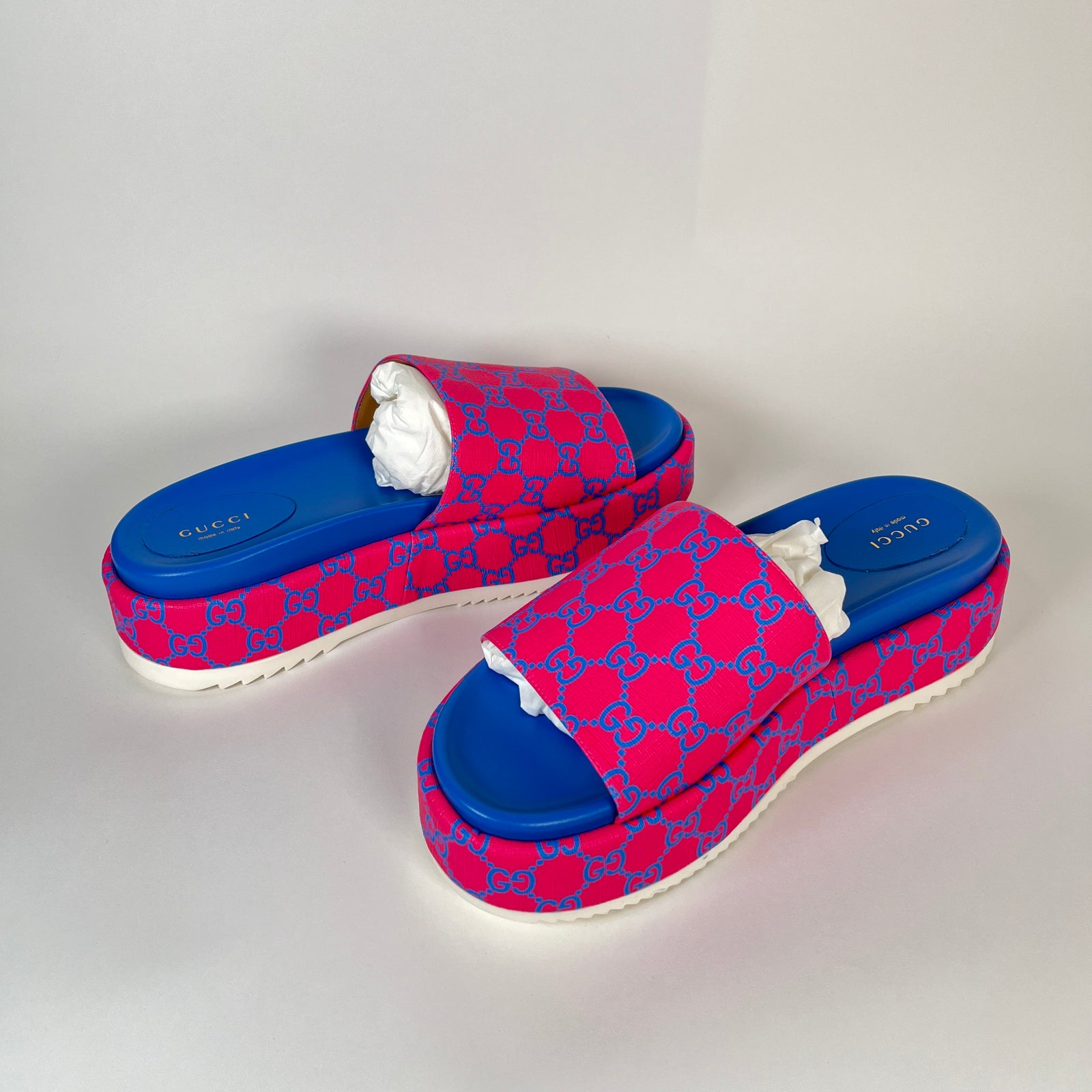 Gucci GG Supreme Pink/Blue Platform Sandals Size 42