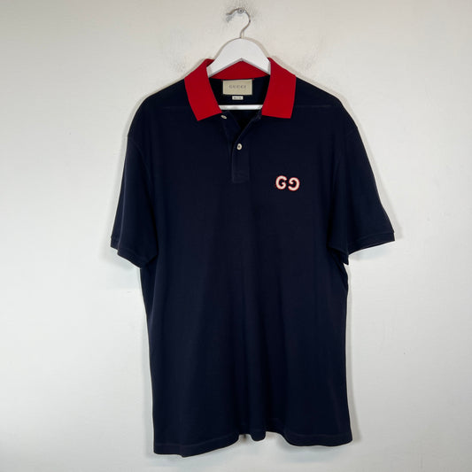 Gucci Navy GG Embroidered Polo Shirt Size L