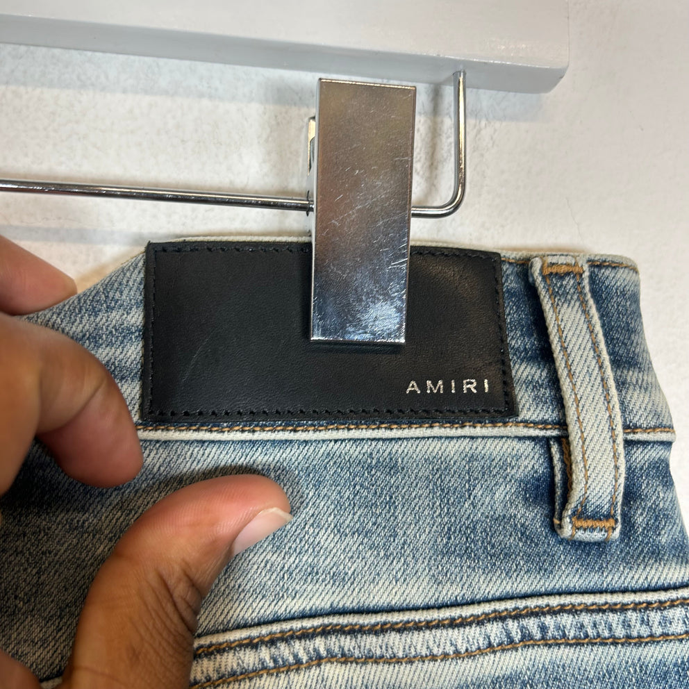 Amiri Lightwash Suede Applique Logo Skinny Jeans Size 32