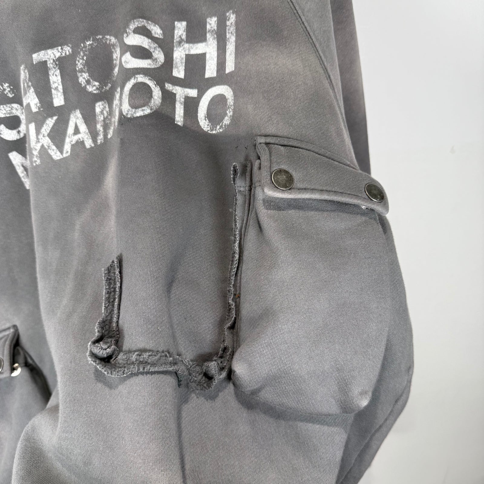 Satoshi Nakamoto Multi Cargo Pocket Faded Distressed Graphic Hoodie Size L