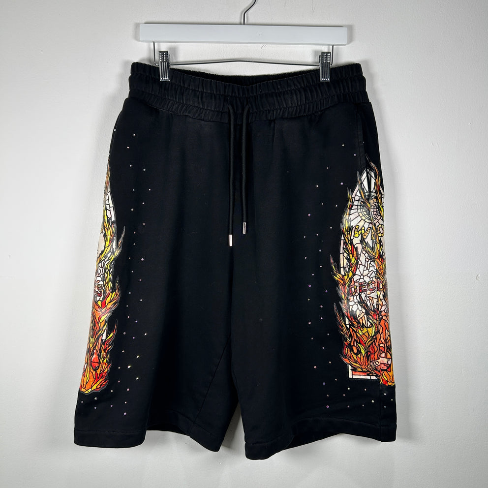 Who Decides War Flame Stained Glass Rhinestone Black Shorts Size 32