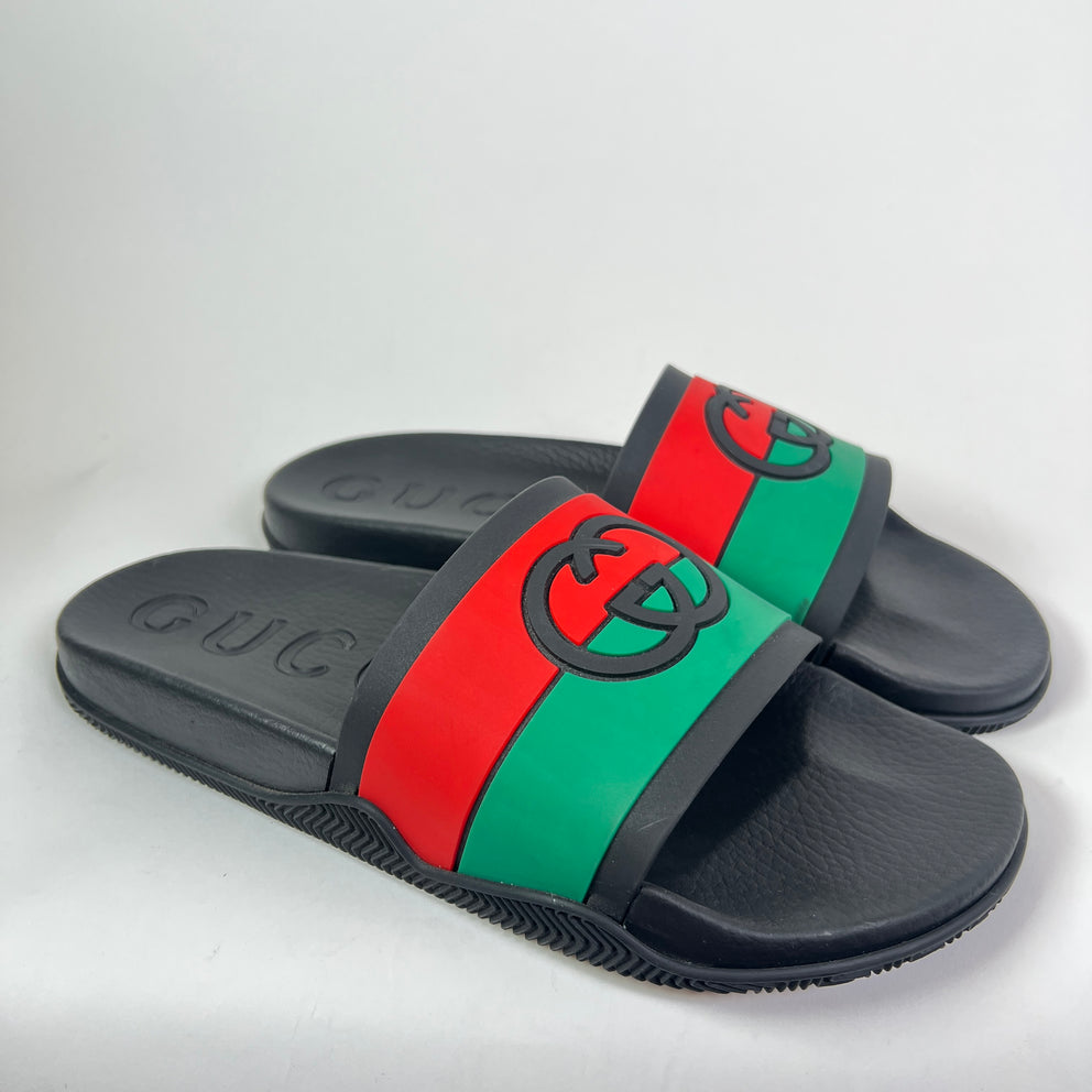 Gucci Tricolor Web Interlocking G Pool Slides