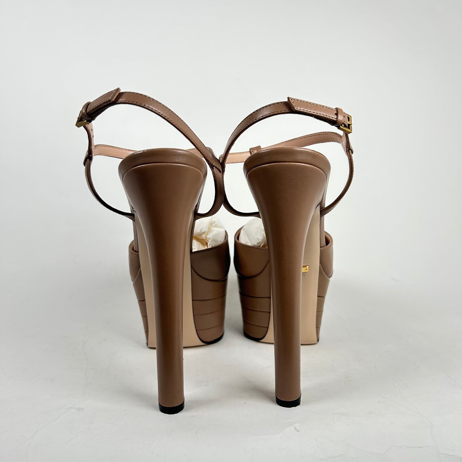 Gucci Beige Leather Malaga Kid Angel T-Strap Platform Pumps Size 40