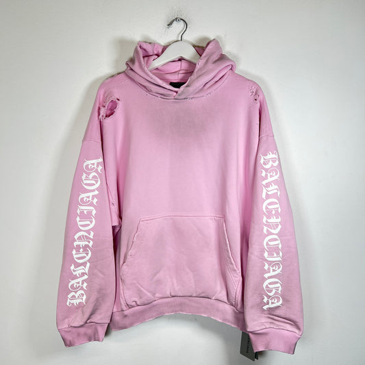 Balenciaga Pink Gothic Logo Distressed Hoodie Size M