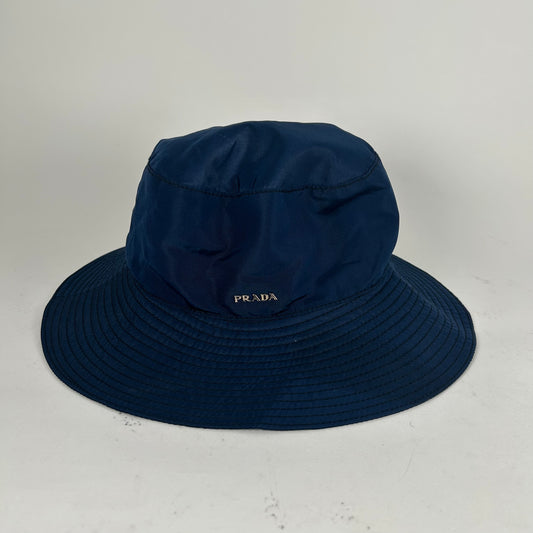 Prada Spell Out Plaque Blue Bucket Hat Size L