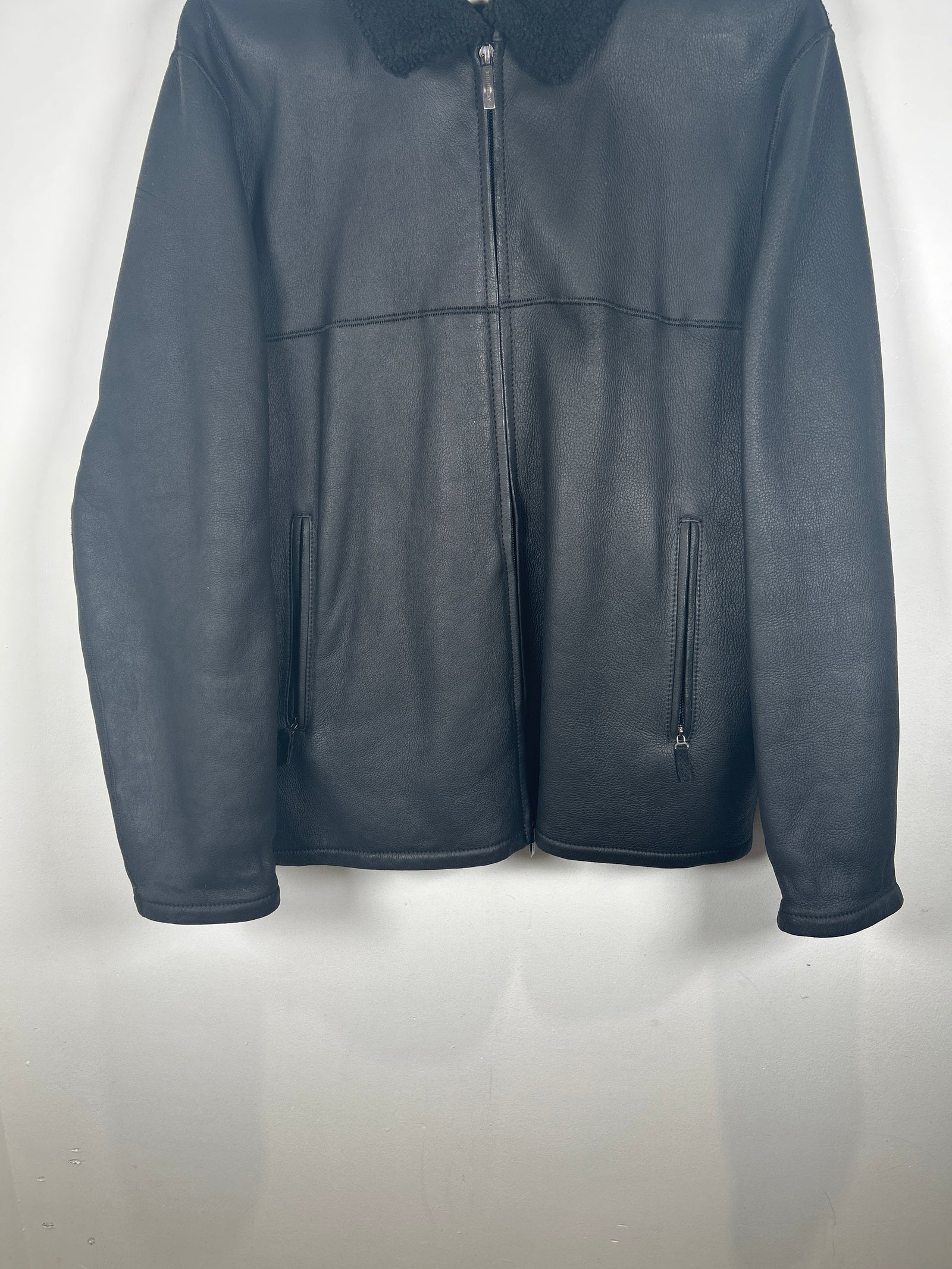 Burberry Black Sherling Leather Zip Up Jacket Size M
