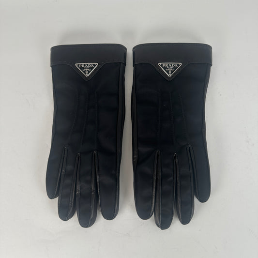 Prada Re-Nylon Leather Plaque Gloves Size 7.5