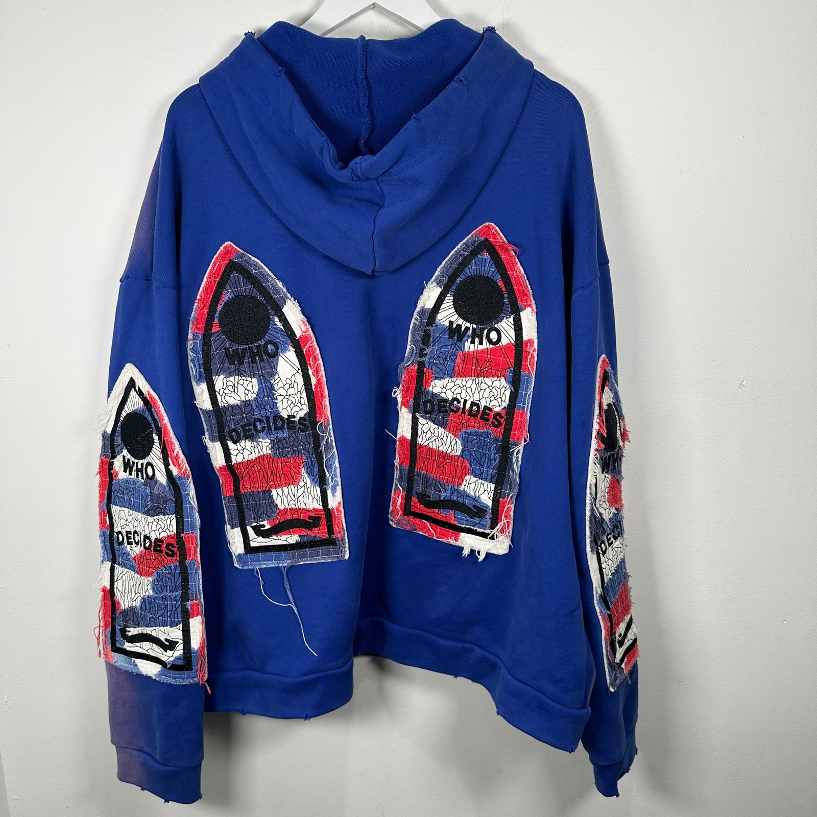 Who Decides War Stained Glasses Embroidered Blue Hoodie Size L