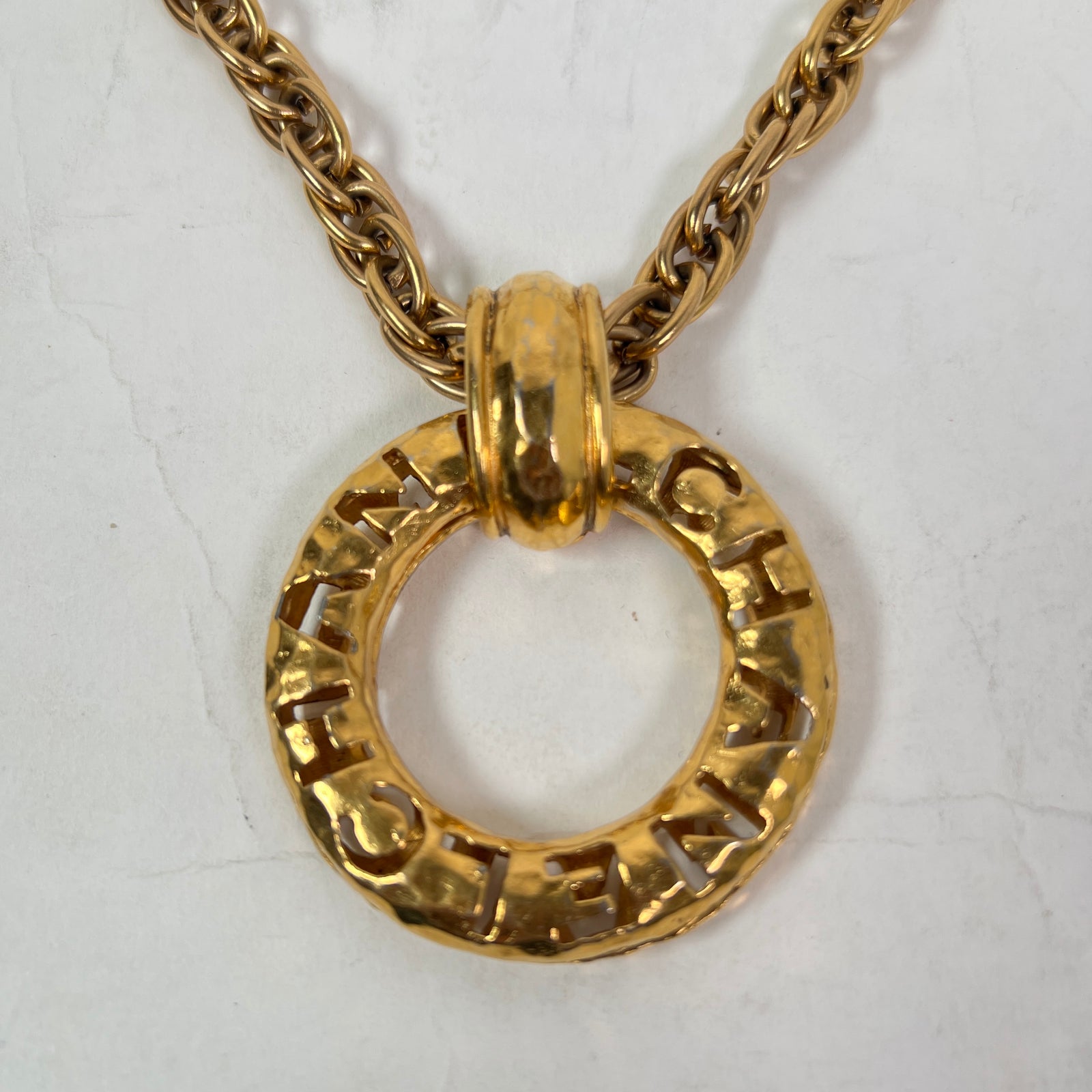 Chanel Vintage Gold Plated Cutout Logo Medallion Pendent Necklace