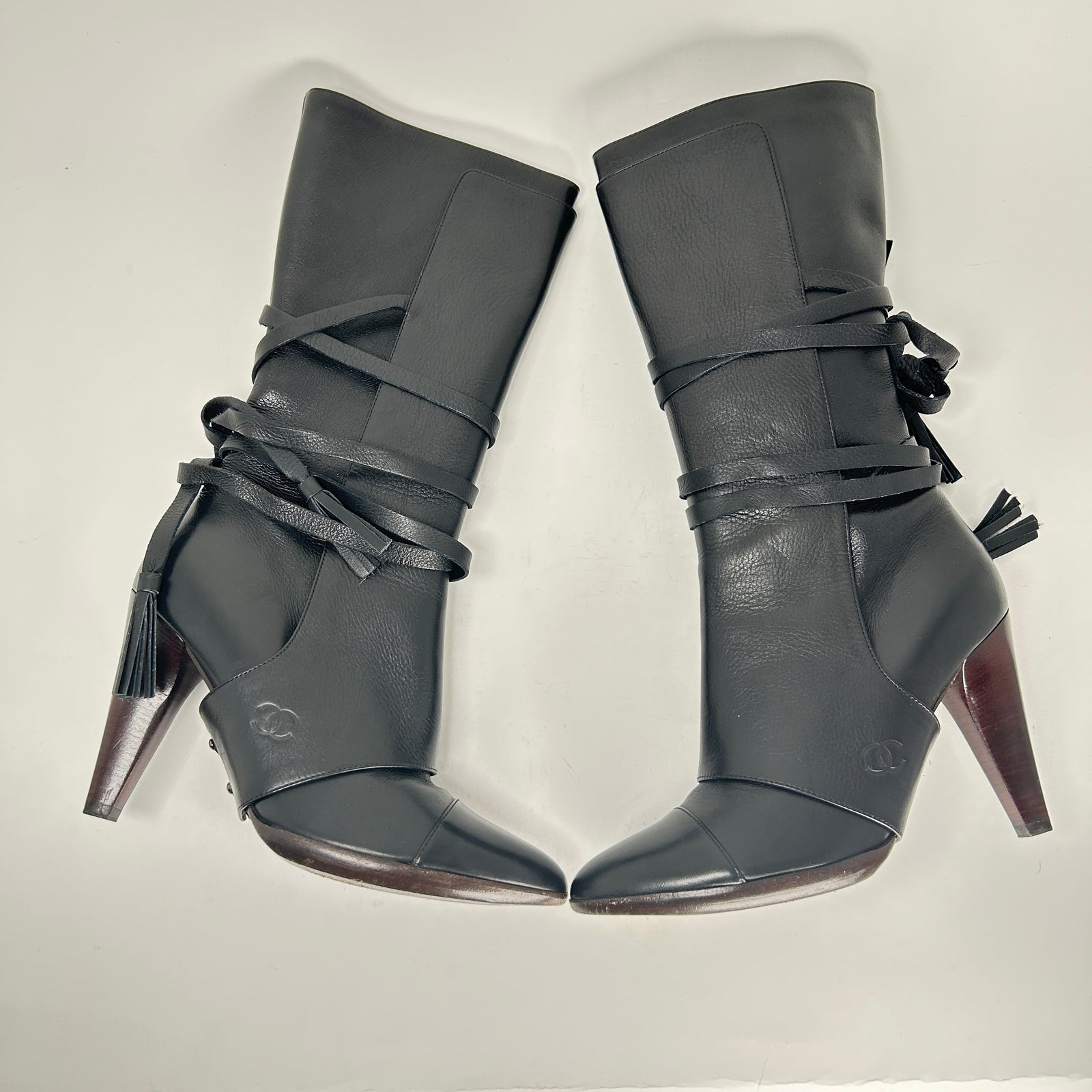 Chanel Black Leather Tassel Boots Size 39