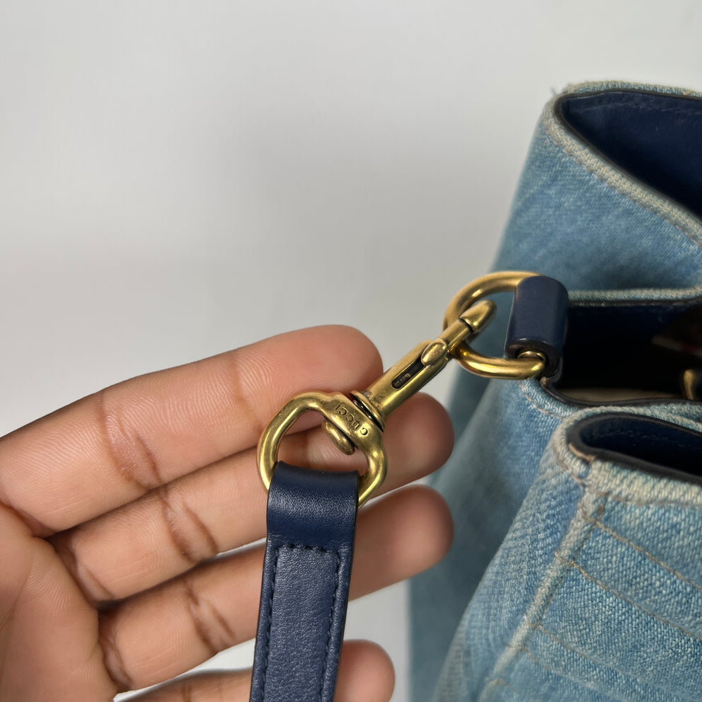 Gucci Washed Denim Pearl GG Marmont Tote Bag
