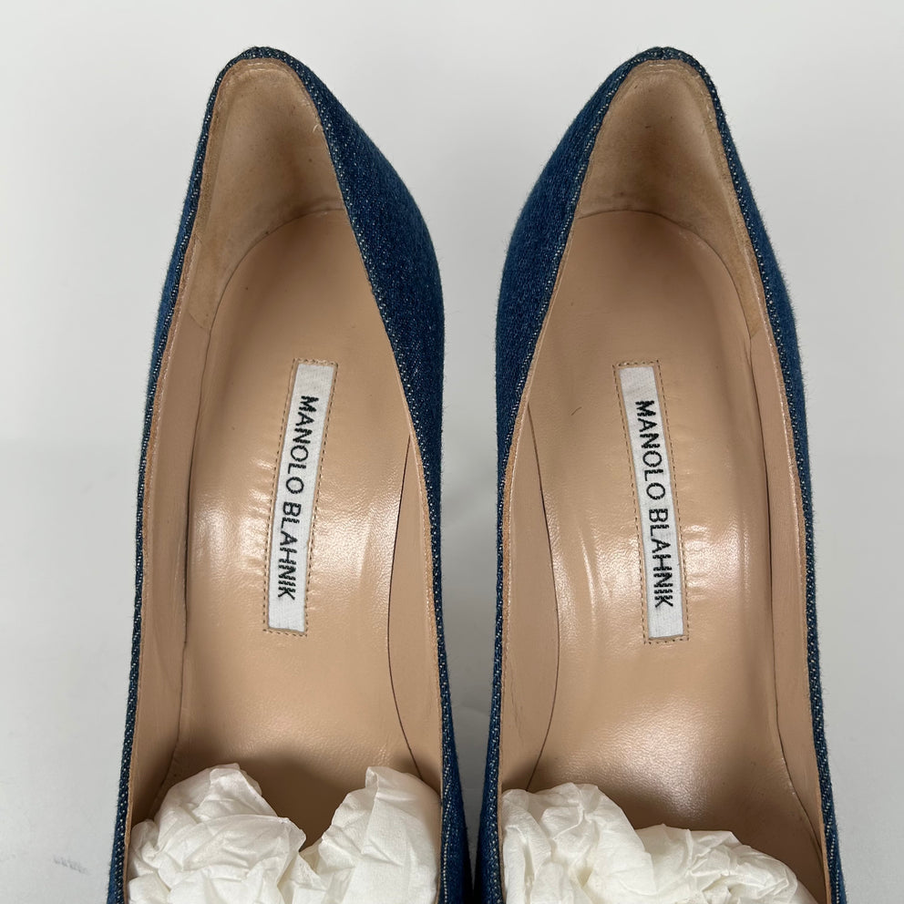 Manolo Blahnik Hangisi Jewel Buckle Denim Pumps Size 37.5