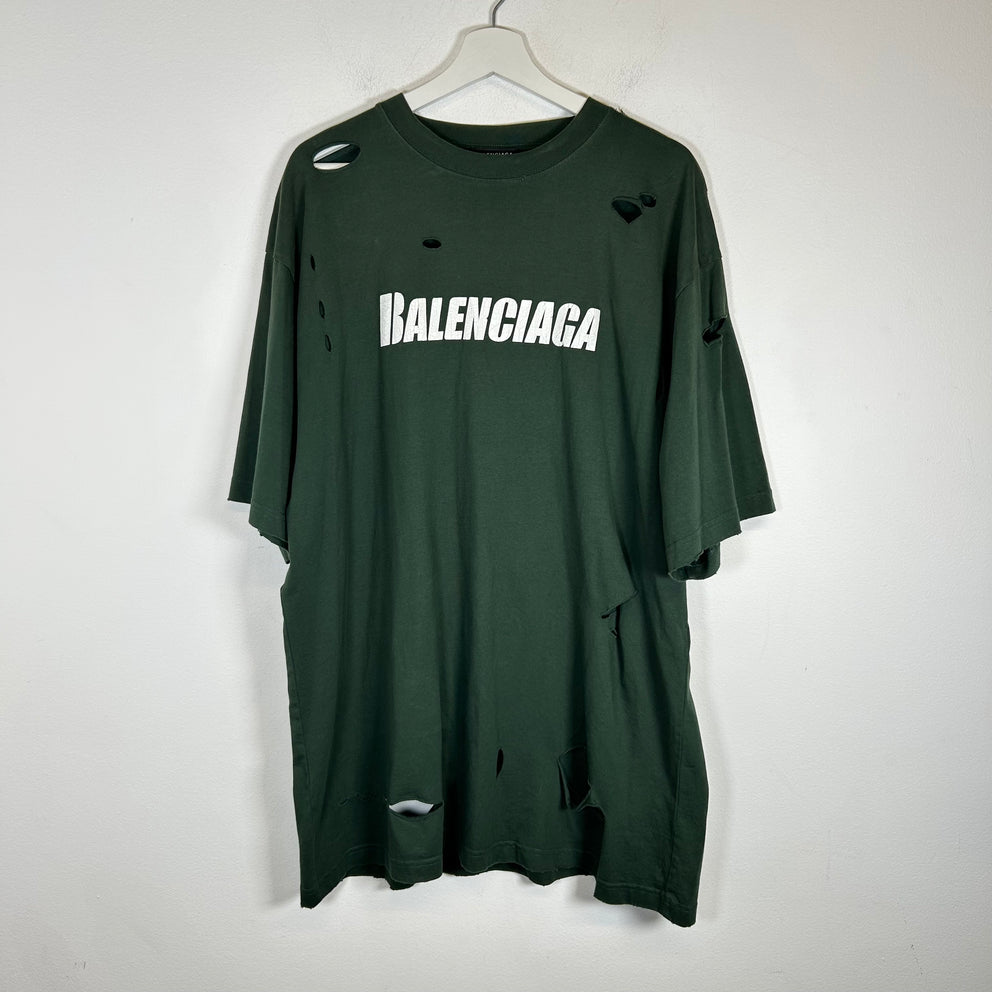 Balenciaga Green Distressed Logo T-Shirt Size XS