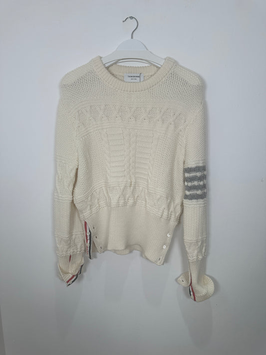 Thom Browne Cream 4 Bar Cable Knit Sweater Size 3