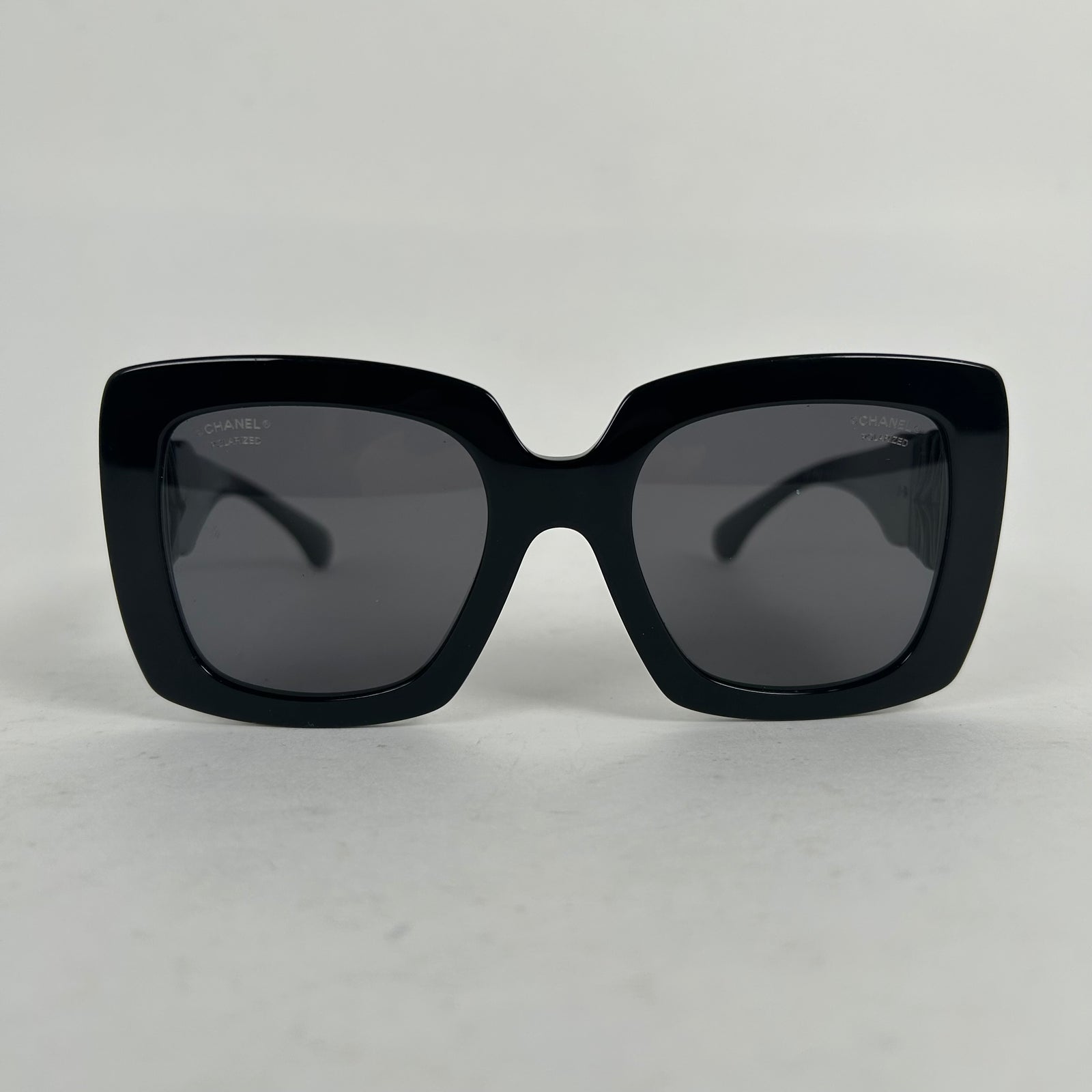 Chanel Black Acetate Calfskin Polarized Square Sunglasses